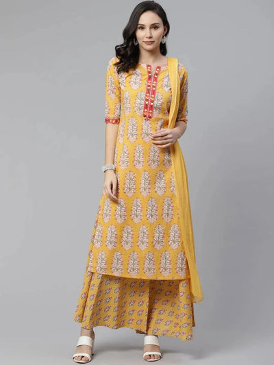 Yellow Printed Cotton Suit Set - Libas