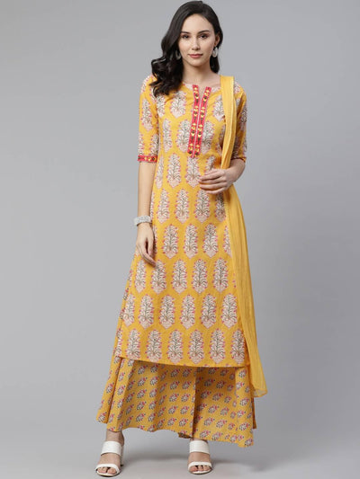 Yellow Printed Cotton Straight Suit Set - Libas