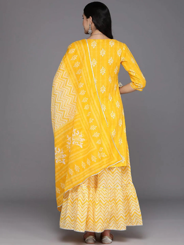 Yellow Printed Cotton Straight Suit Set With Skirt - Libas