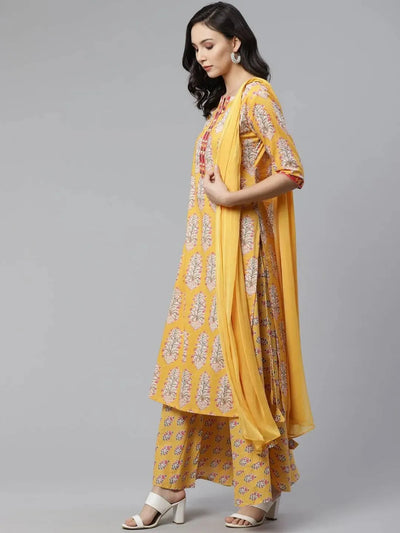 Yellow Printed Cotton Straight Suit Set - Libas