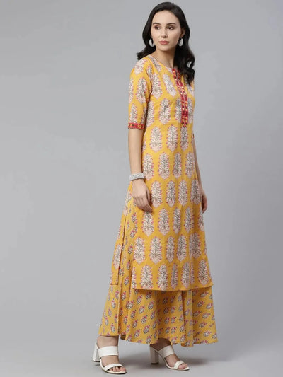 Yellow Printed Cotton Straight Suit Set - Libas