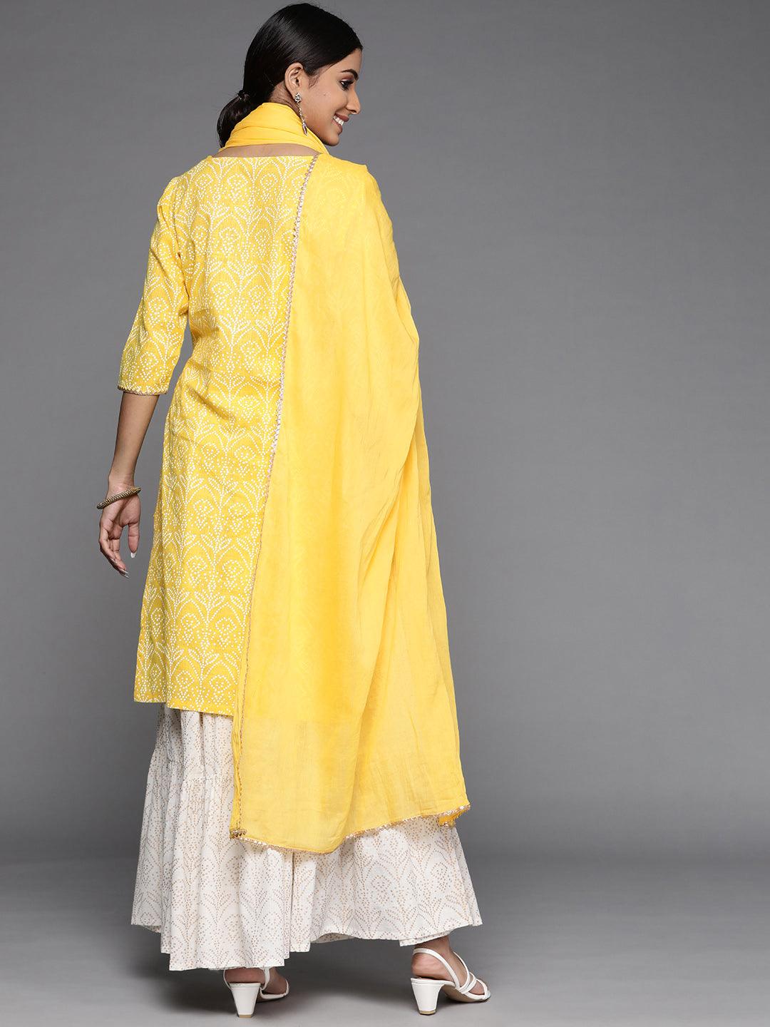 Yellow Printed Cotton Straight Kurta With Skirt & Dupatta