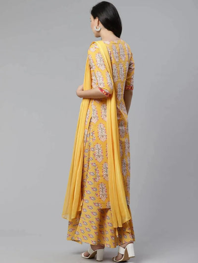 Yellow Printed Cotton Straight Suit Set - Libas