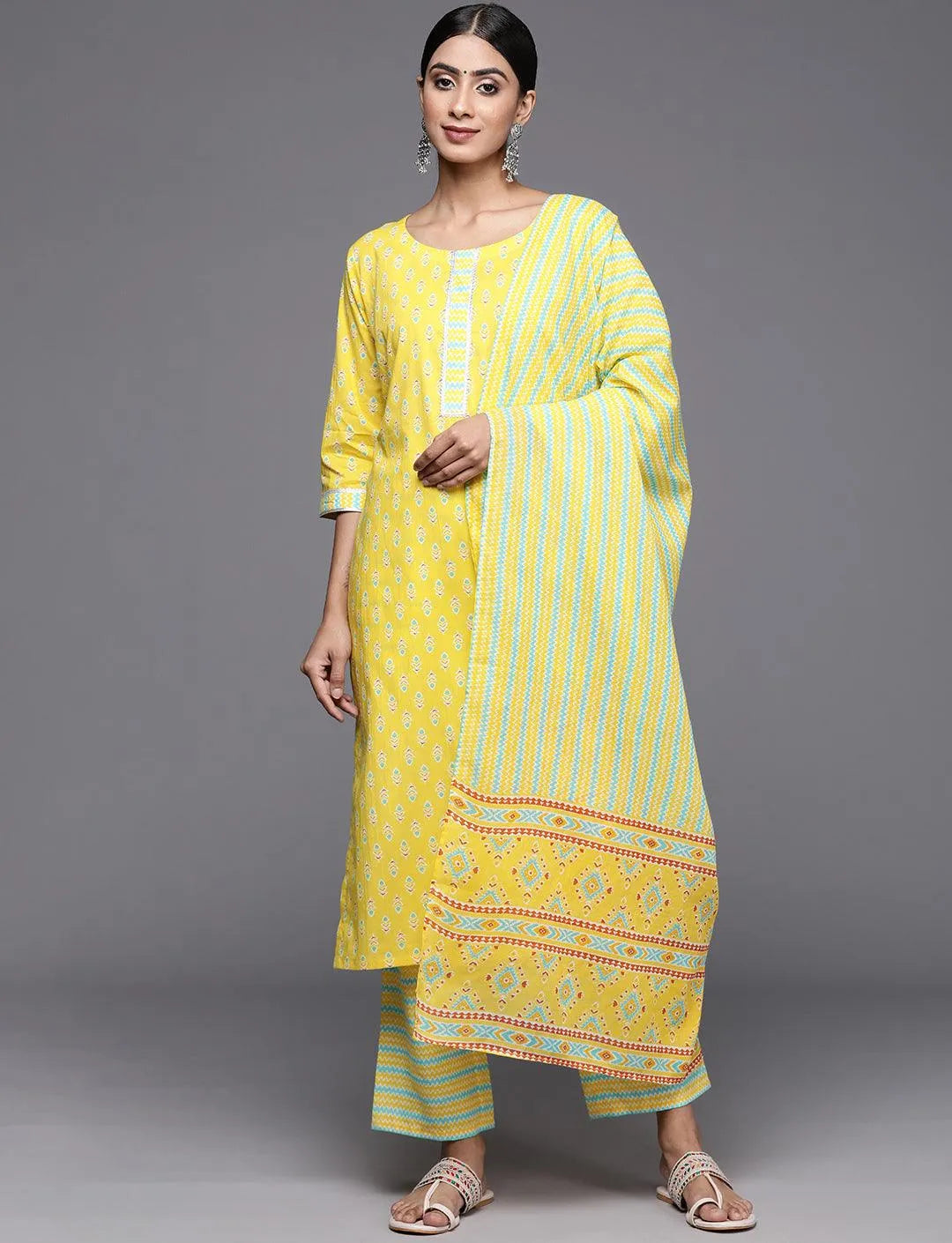 Yellow Printed Cotton Straight Kurta With Trousers & Dupatta - Libas 