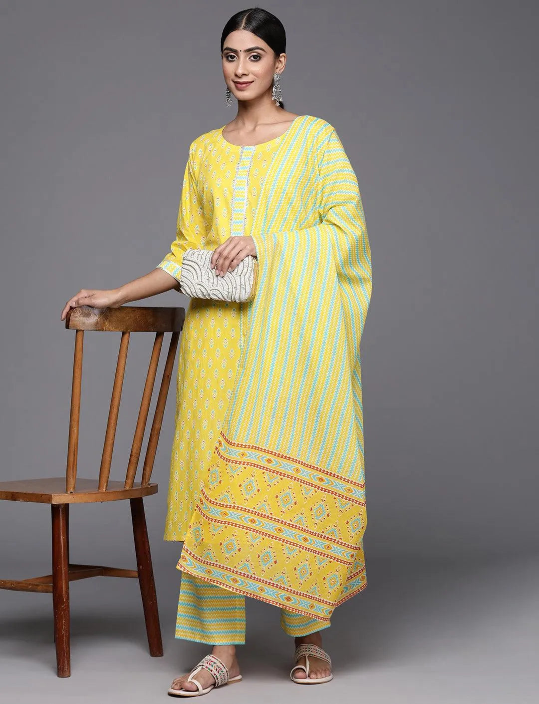 Yellow Printed Cotton Straight Kurta With Trousers & Dupatta - Libas 