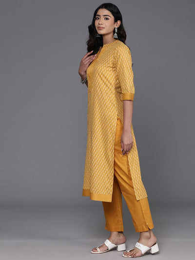 Yellow Printed Cotton Straight Kurta With Trousers & Dupatta - Libas