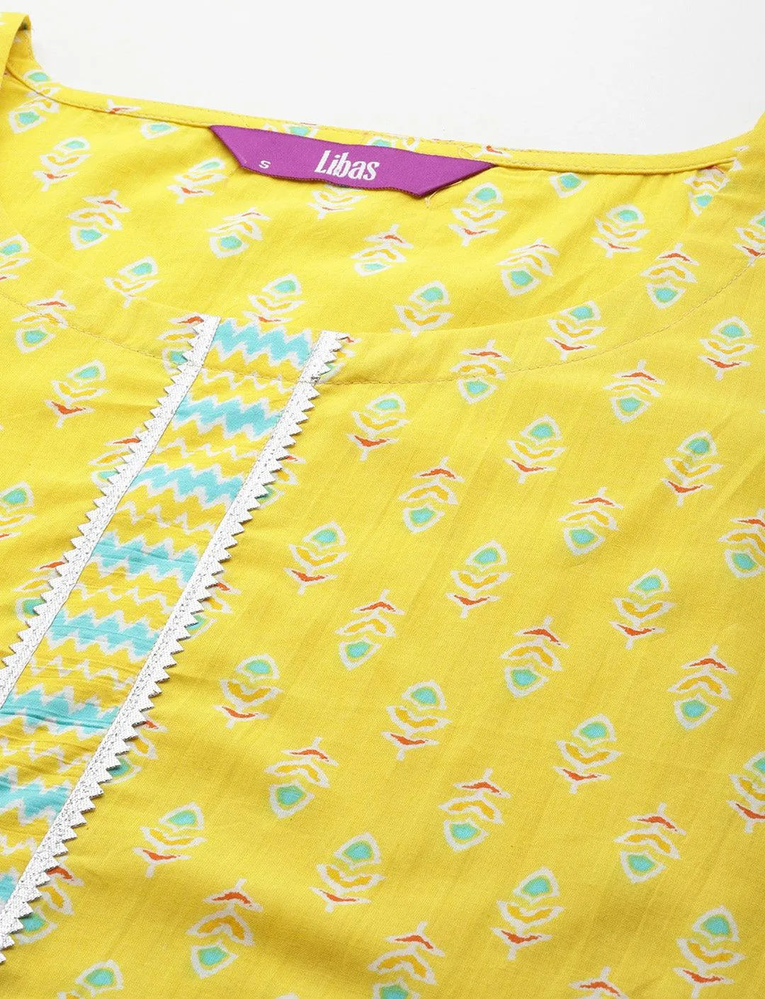 Yellow Printed Cotton Straight Kurta With Trousers & Dupatta - Libas 