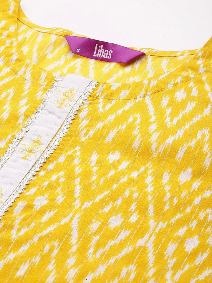 Yellow Printed Cotton Straight Kurta With Trousers & Dupatta - Libas