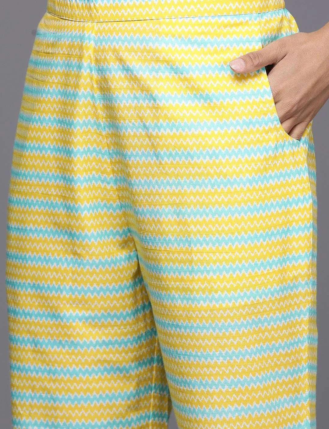 Yellow Printed Cotton Straight Kurta With Trousers & Dupatta - Libas 