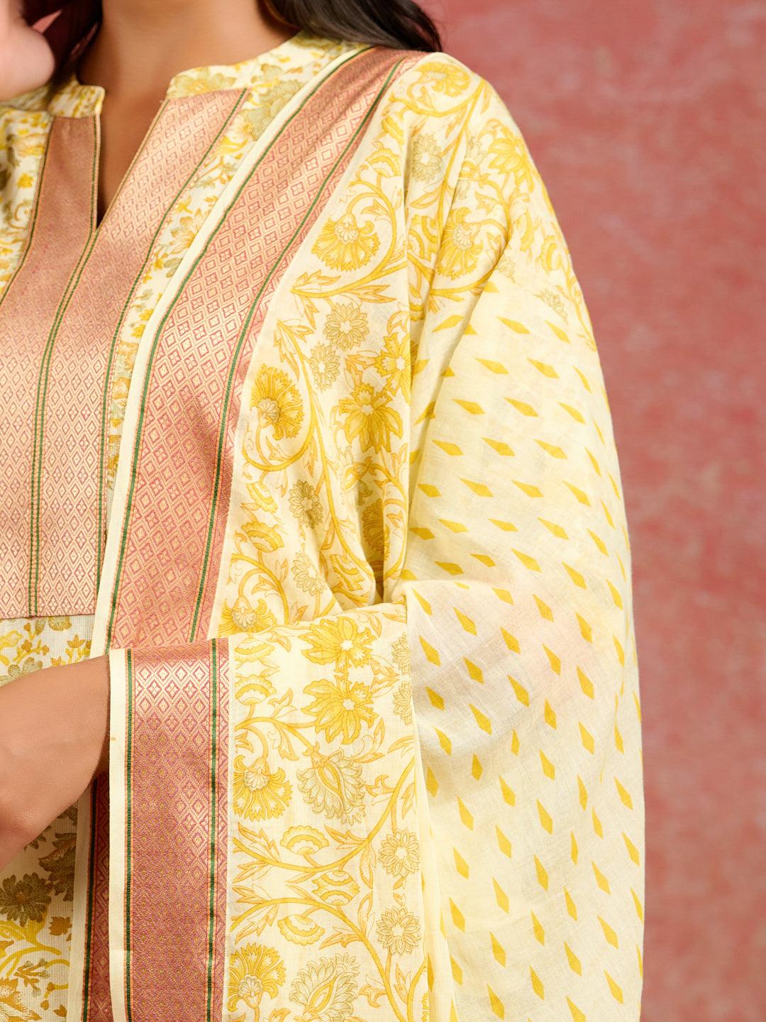 Yellow Printed Cotton Straight Kurta With Trousers & Dupatta - Libas