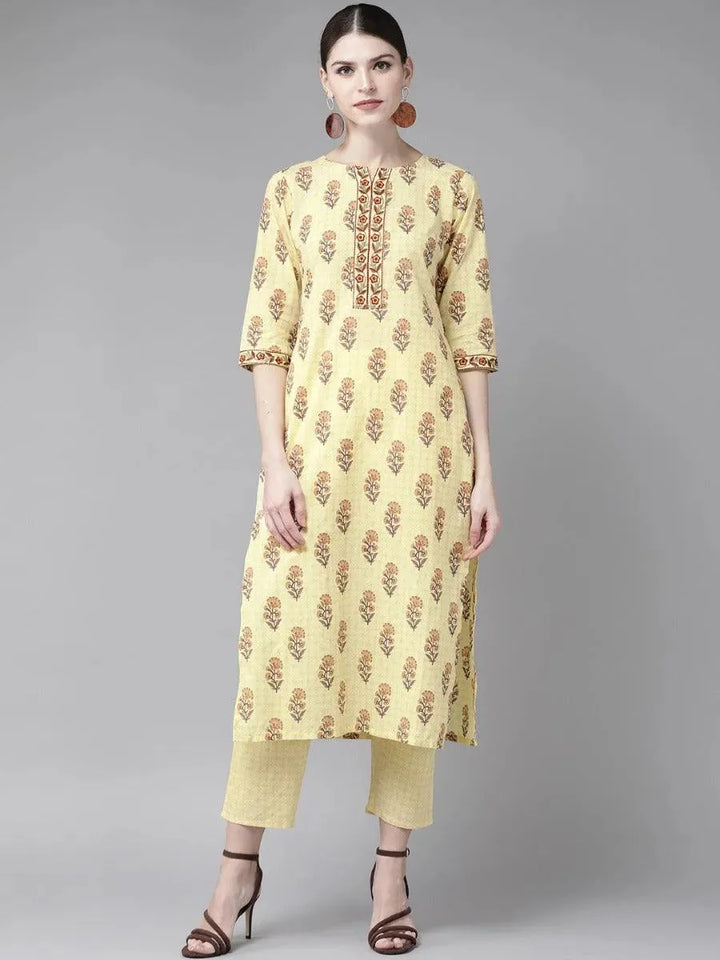 Yellow Printed Cotton Kurta Set - Libas