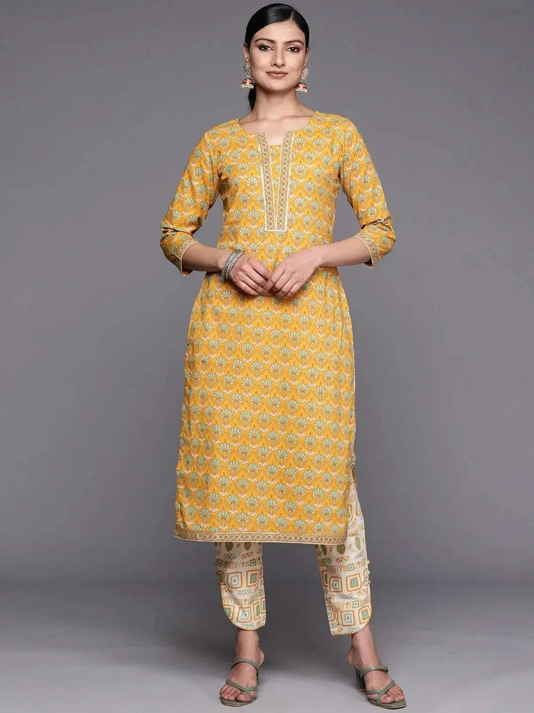 Libas Yellow Printed Cotton Straight Kurta With Trousers