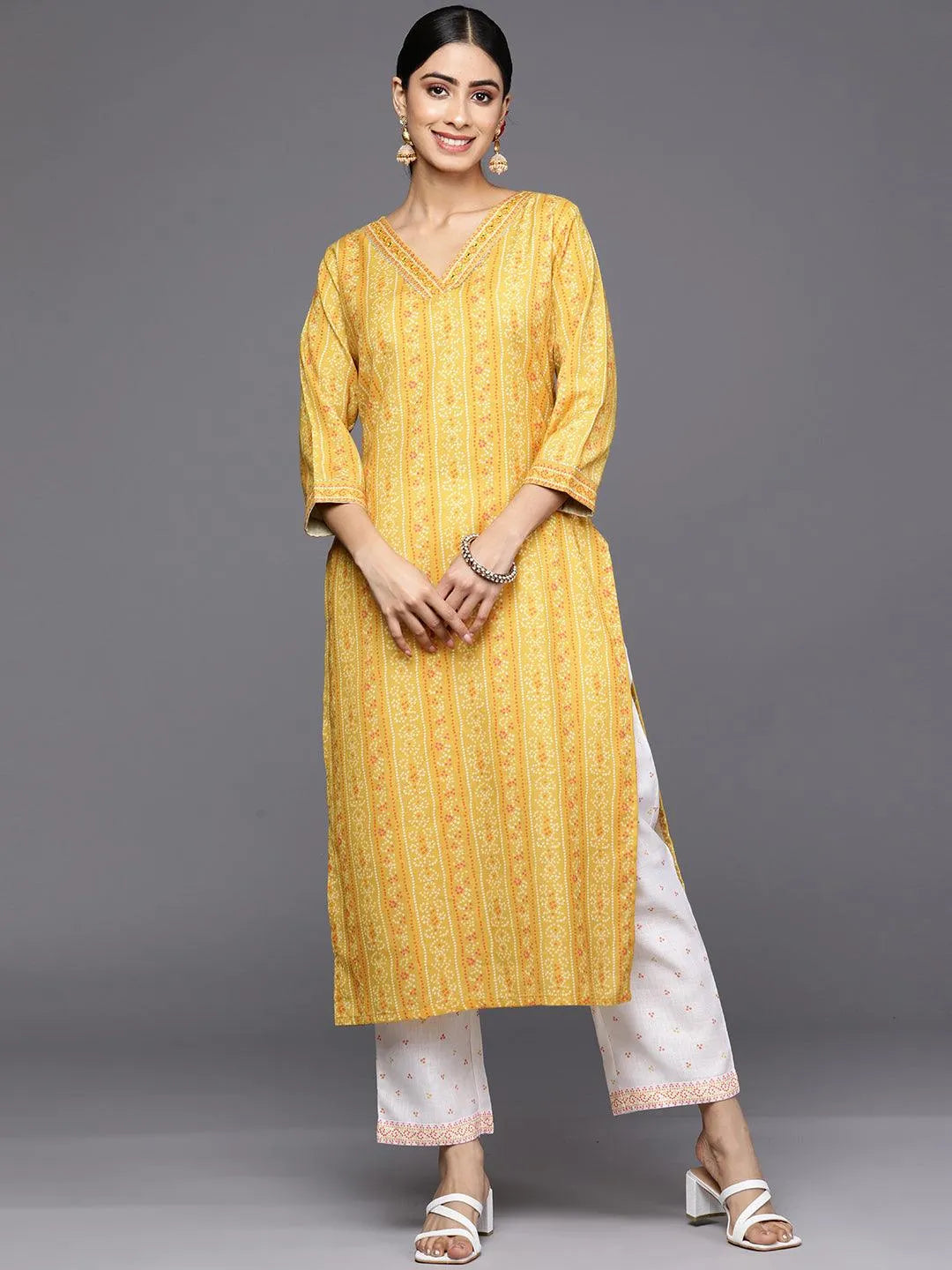 Yellow Printed Cotton Straight Kurta Set With Trousers - Libas 