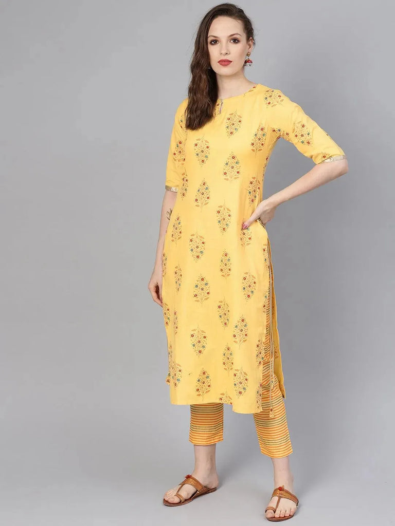 Libas Yellow Printed Cotton Straight Kurta With Trousers