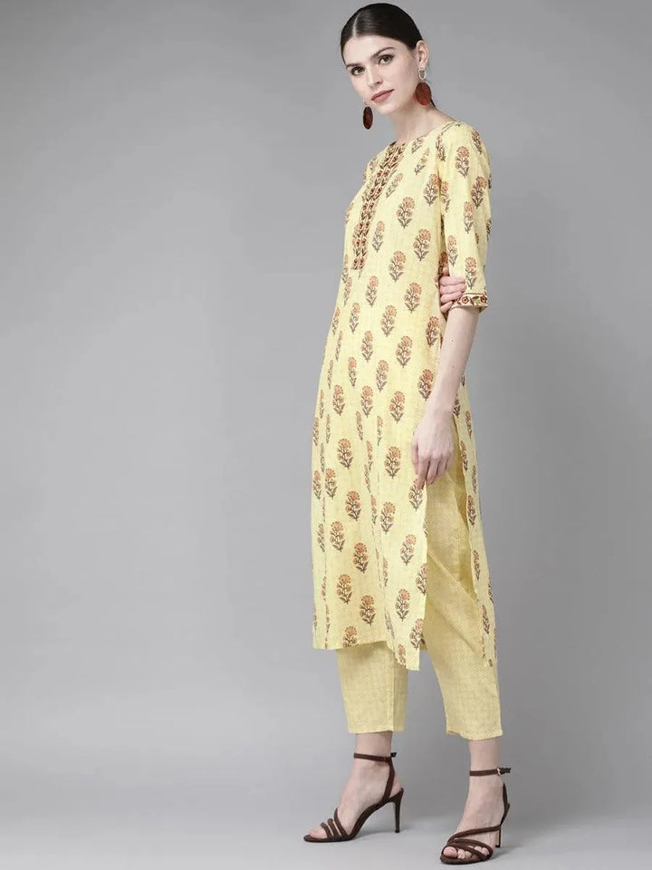 Yellow Printed Cotton Kurta Set - Libas