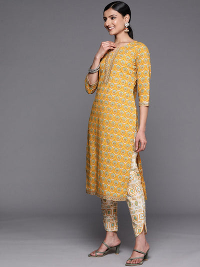 Yellow Printed Cotton Straight Kurta Set With Trousers - Libas