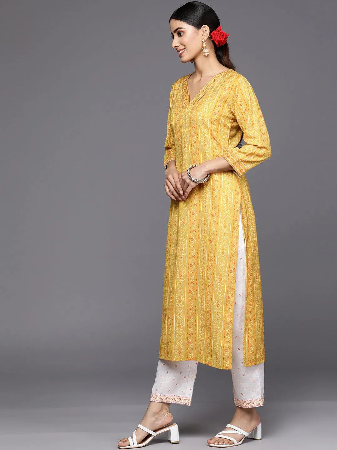 Yellow Printed Cotton Straight Kurta Set With Trousers - Libas 