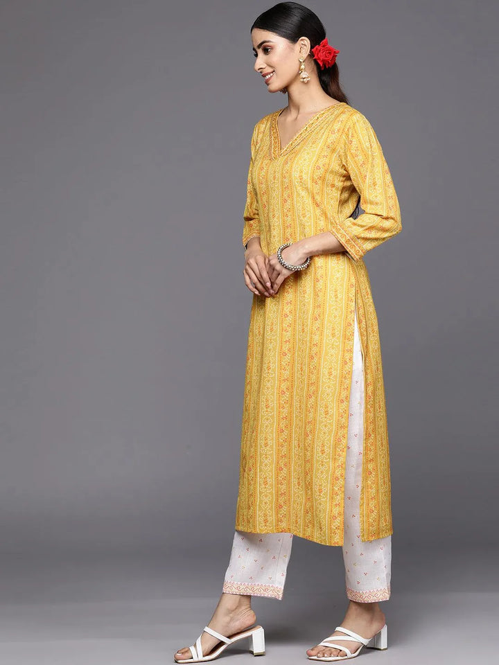 Yellow Printed Cotton Straight Kurta Set With Trousers - Libas