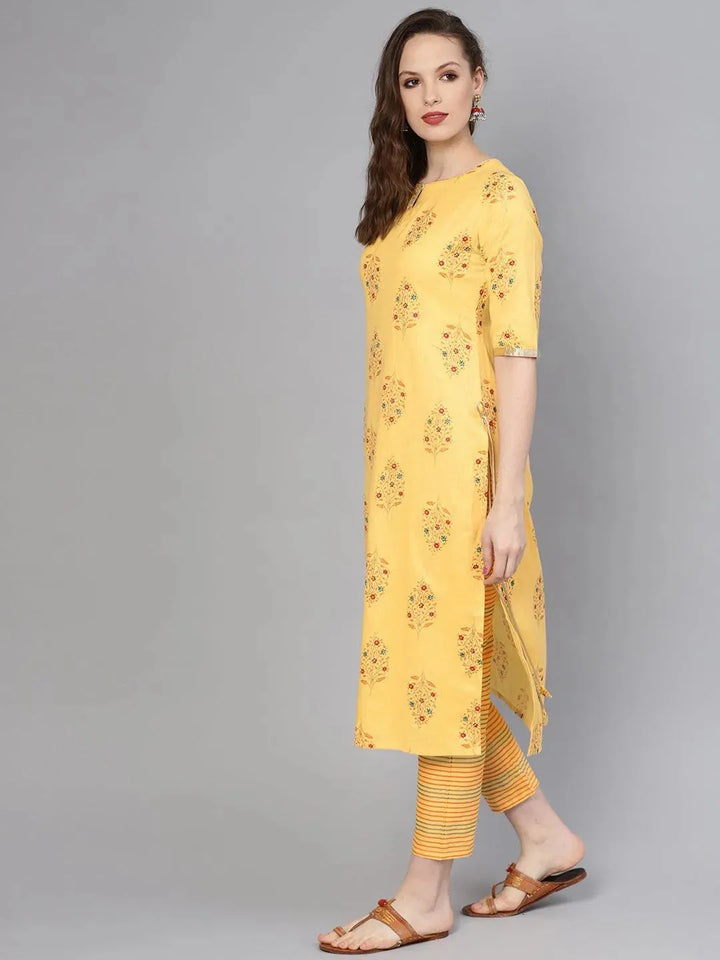 Yellow Printed Cotton Kurta Set - Libas