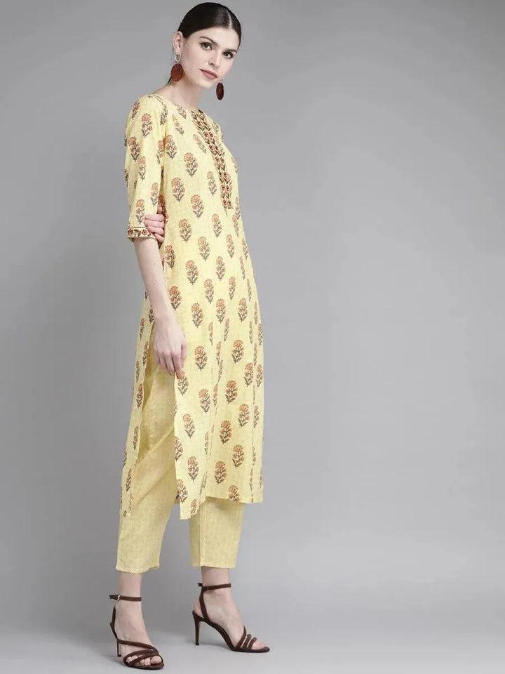 Yellow Printed Cotton Kurta Set - Libas