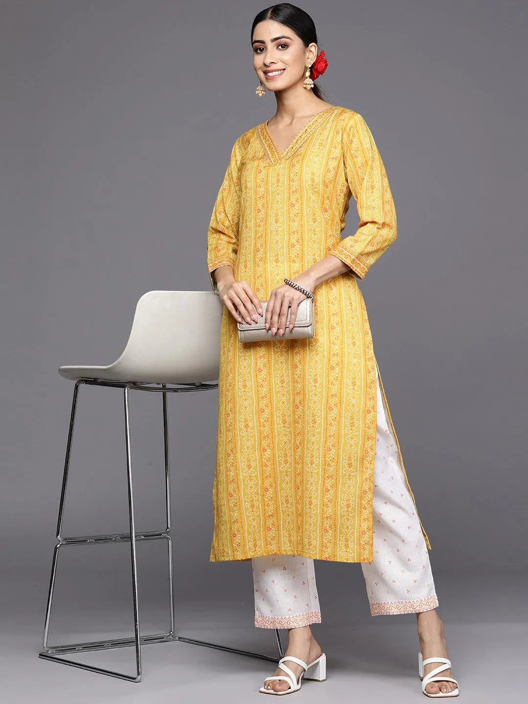 Yellow Printed Cotton Straight Kurta Set With Trousers - Libas 