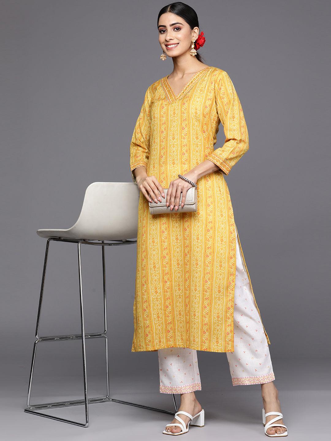 Yellow Printed Cotton Straight Kurta Set With Trousers - Libas
