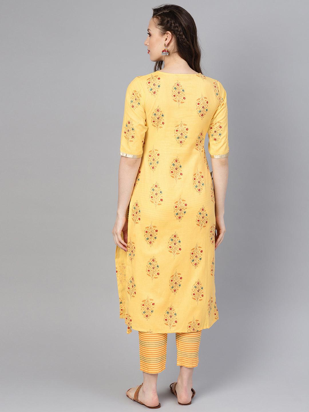 Yellow Printed Cotton Straight Kurta With Trousers
