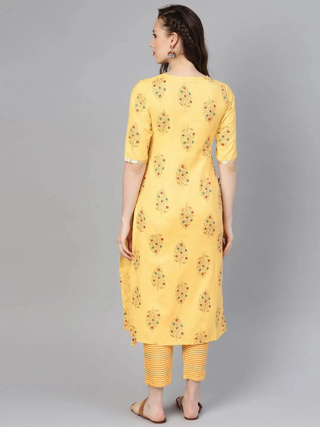 Yellow Printed Cotton Kurta Set - Libas