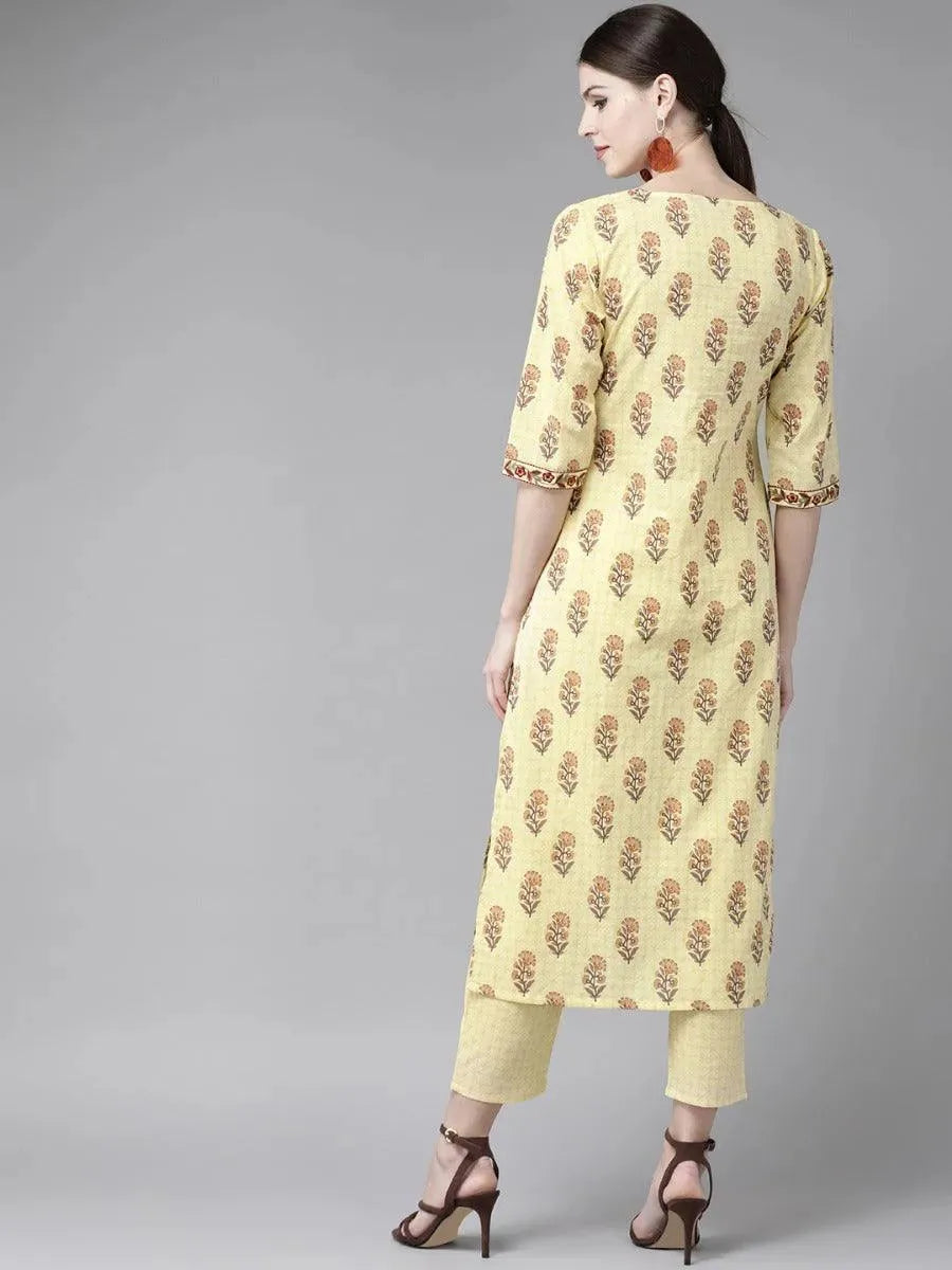 Yellow Printed Cotton Kurta Set - Libas