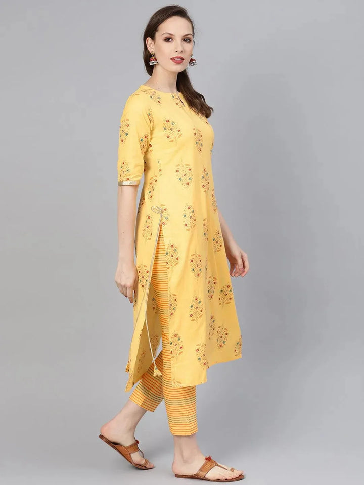 Yellow Printed Cotton Kurta Set - Libas