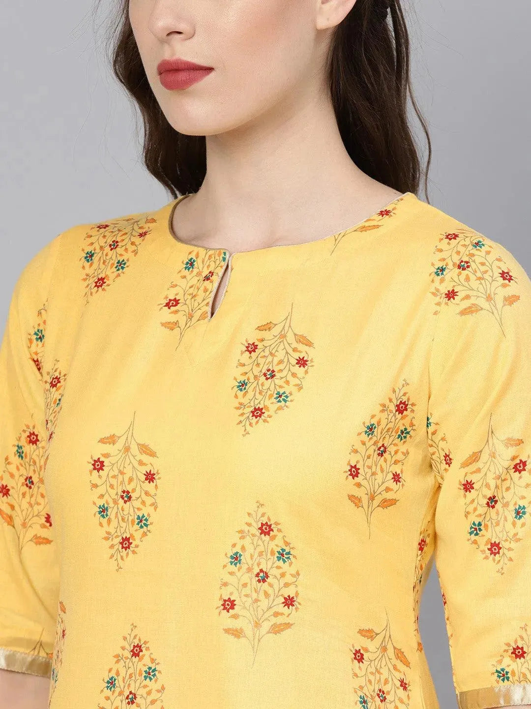 Yellow Printed Cotton Kurta Set - Libas