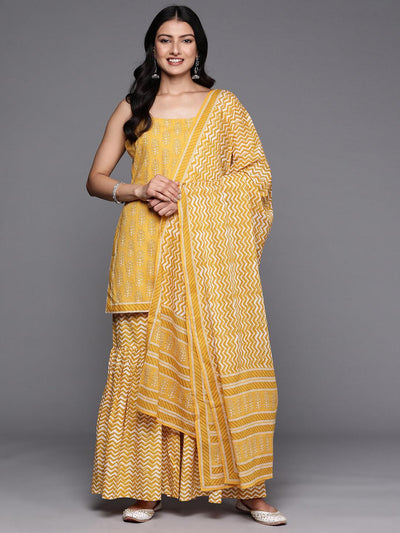 Yellow Printed Cotton Straight Suit Set With Sharara - Libas