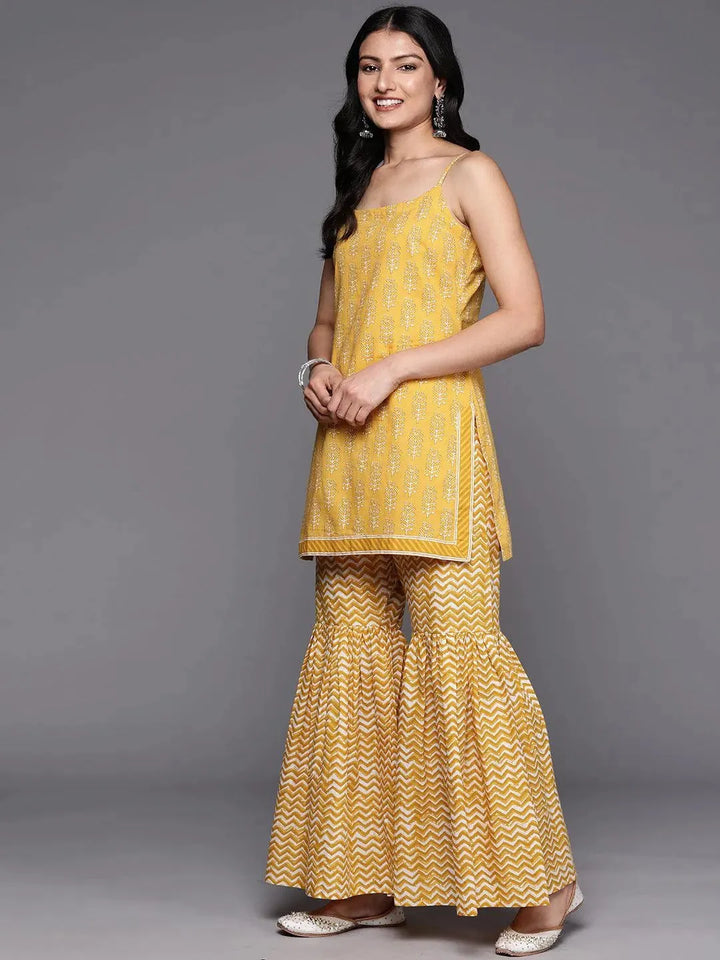 Yellow Printed Cotton Straight Suit Set With Sharara - Libas