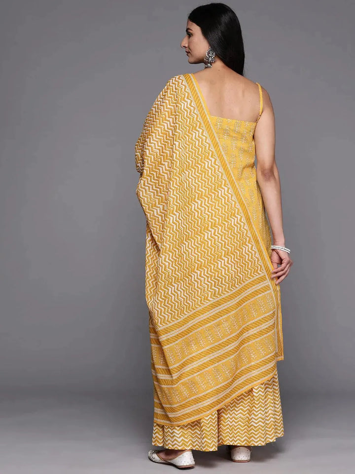 Yellow Printed Cotton Straight Suit Set With Sharara - Libas