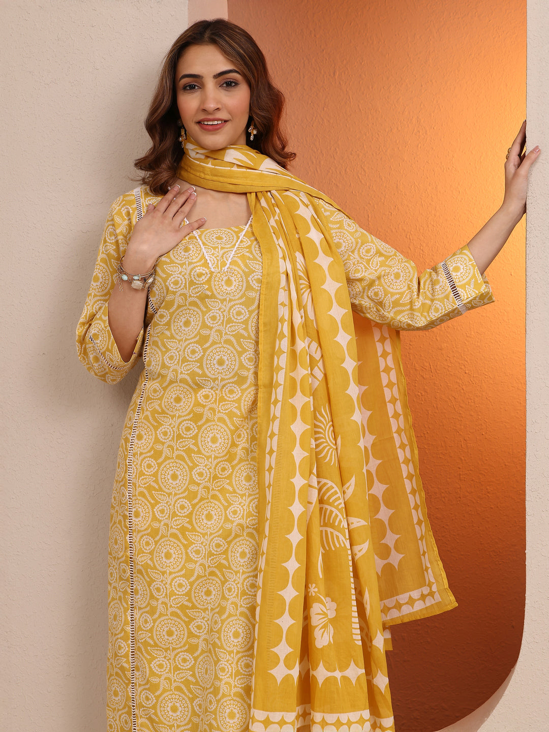 Yellow Printed Cotton Straight Suit Set With Dupatta