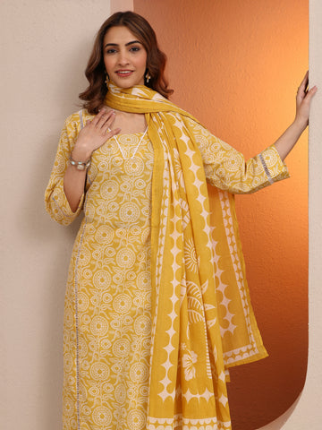Yellow Printed Cotton Straight Suit Set With Dupatta