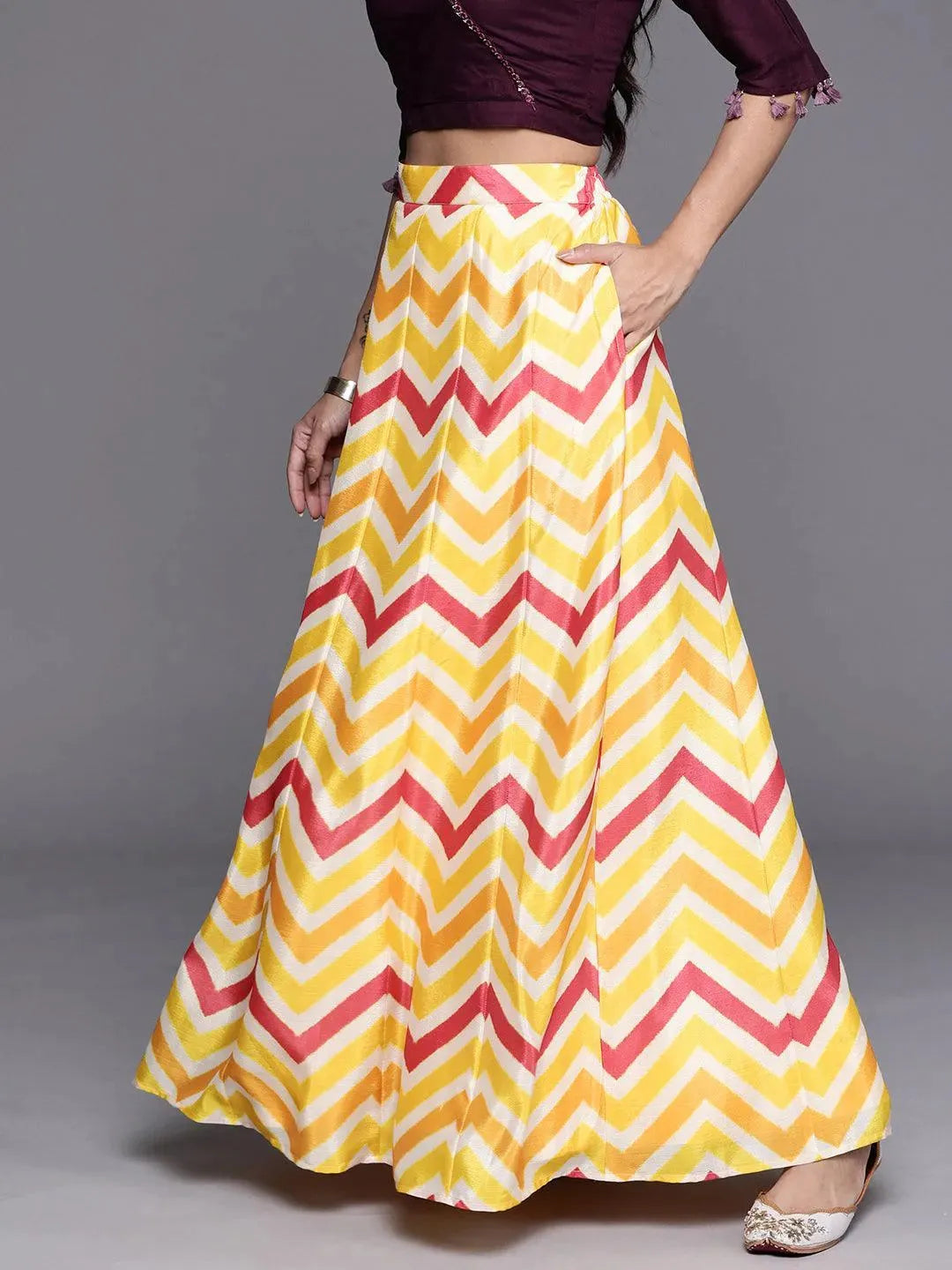 Yellow Printed Crepe Skirt - Libas 