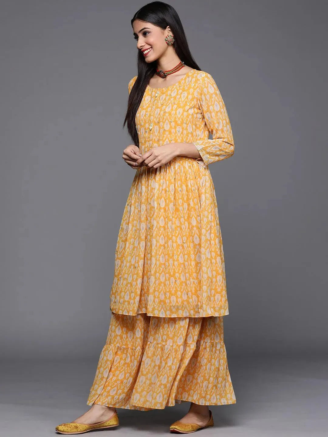Yellow Printed Georgette Suit Set - Libas 