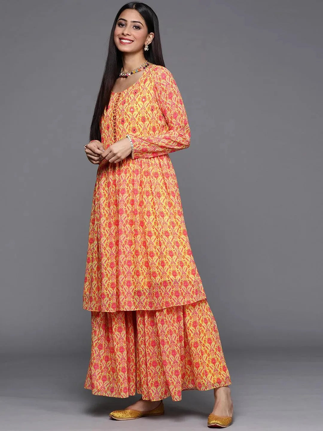 Yellow Printed Georgette Suit Set - Libas