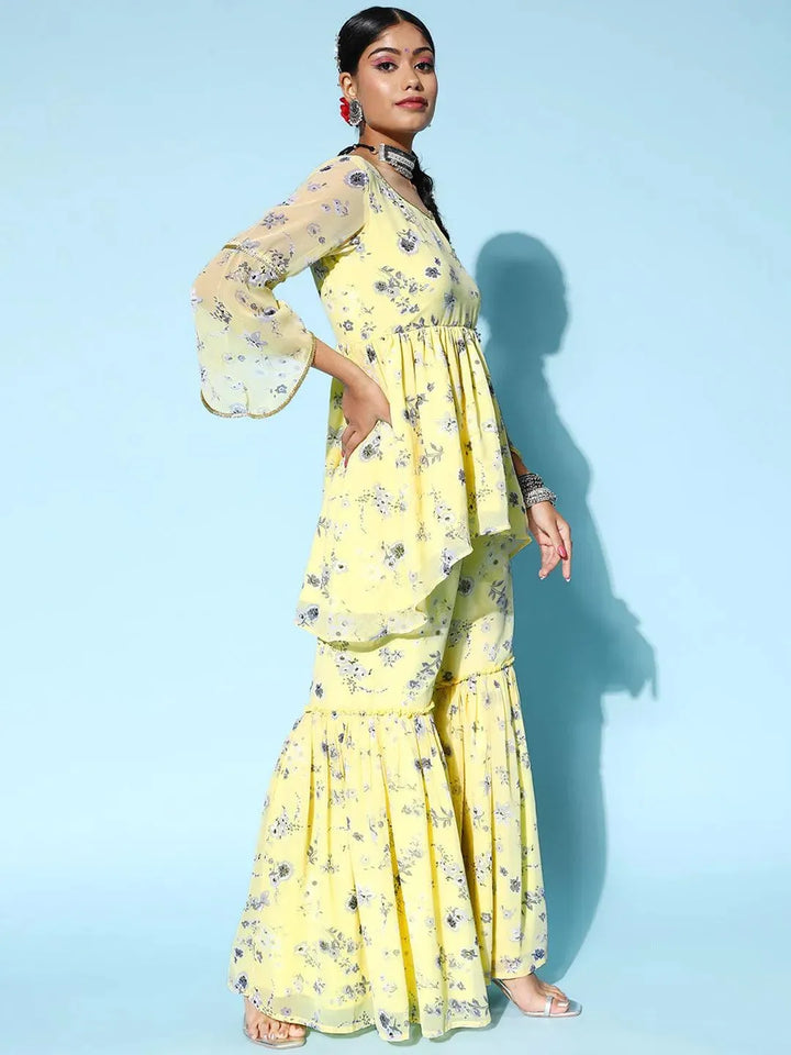 Yellow Printed Georgette A-Line Suit Set - Libas