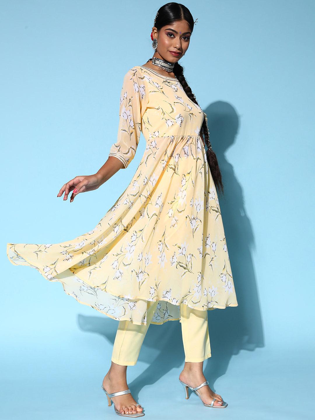 Yellow Printed Georgette Anarkali Sharara Suit Set