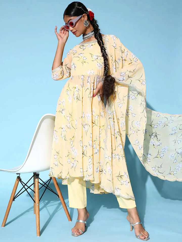 Yellow Printed Georgette Anarkali Suit Set - Libas