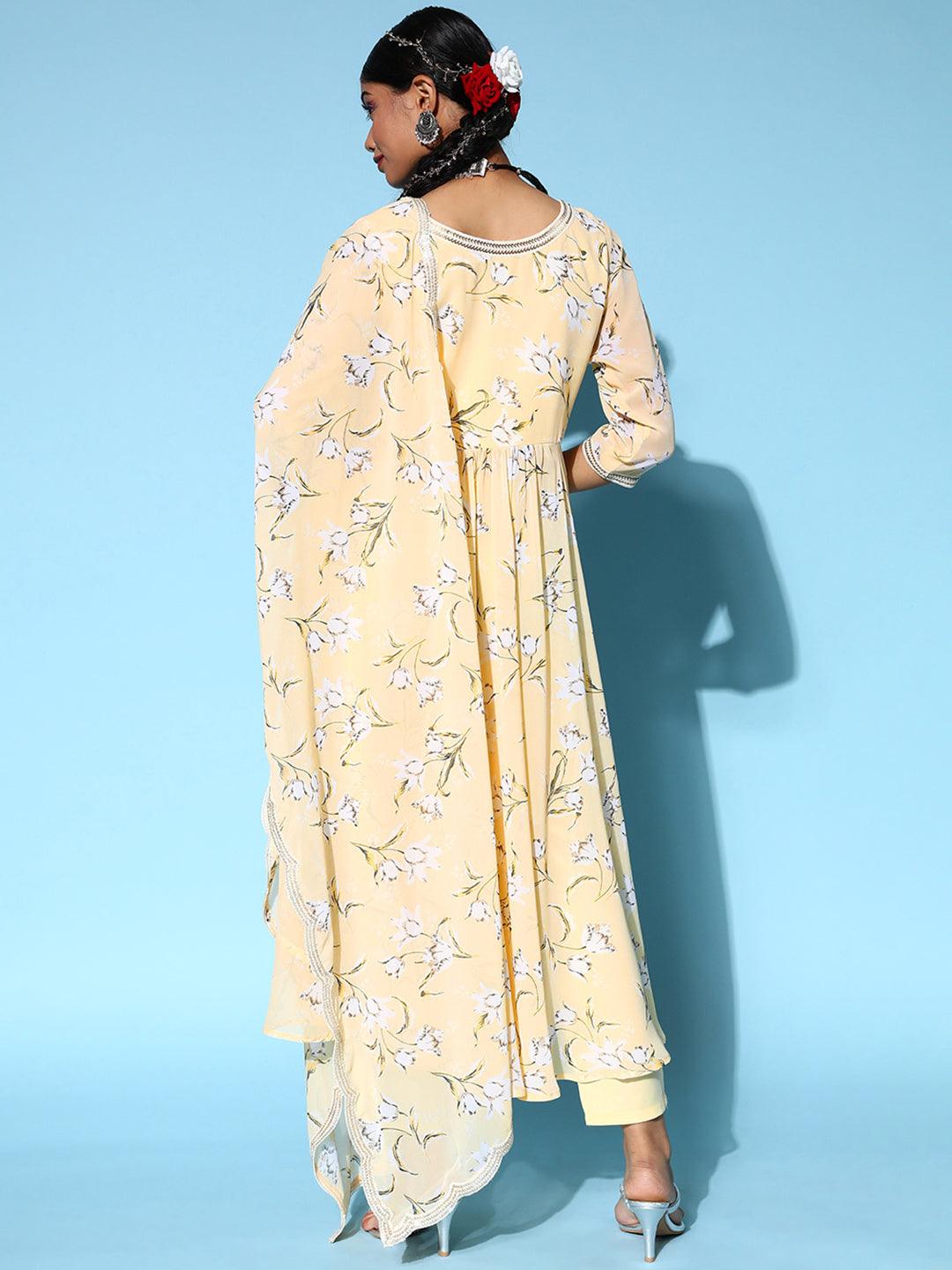 Yellow Printed Georgette Anarkali Sharara Suit Set