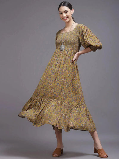 Yellow Printed Georgette Dress - Libas