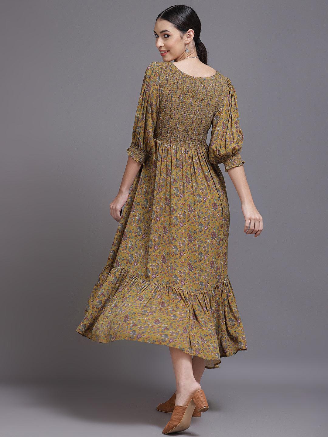 Yellow Printed Georgette Dress - Libas
