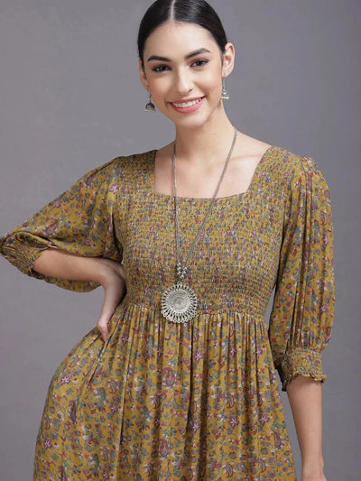 Yellow Printed Georgette Dress - Libas