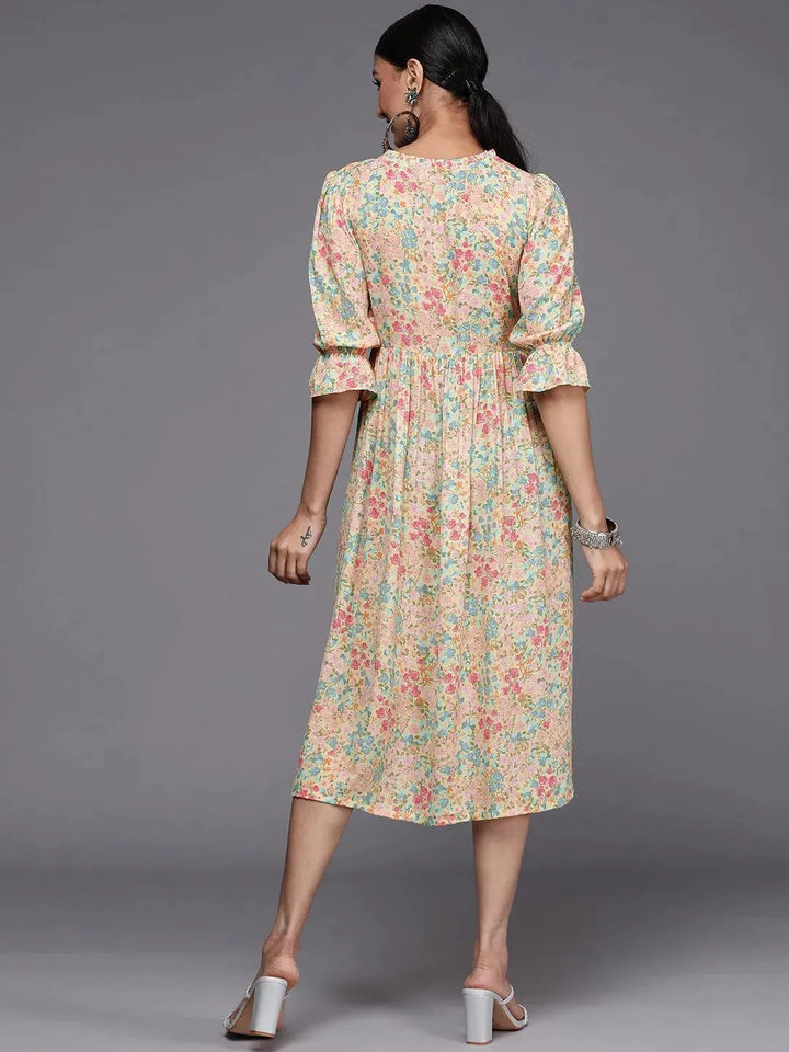 Yellow Printed Georgette Fit and Flared Dress - Libas