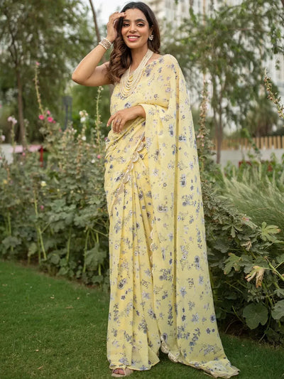 Yellow Printed Georgette Saree - Libas