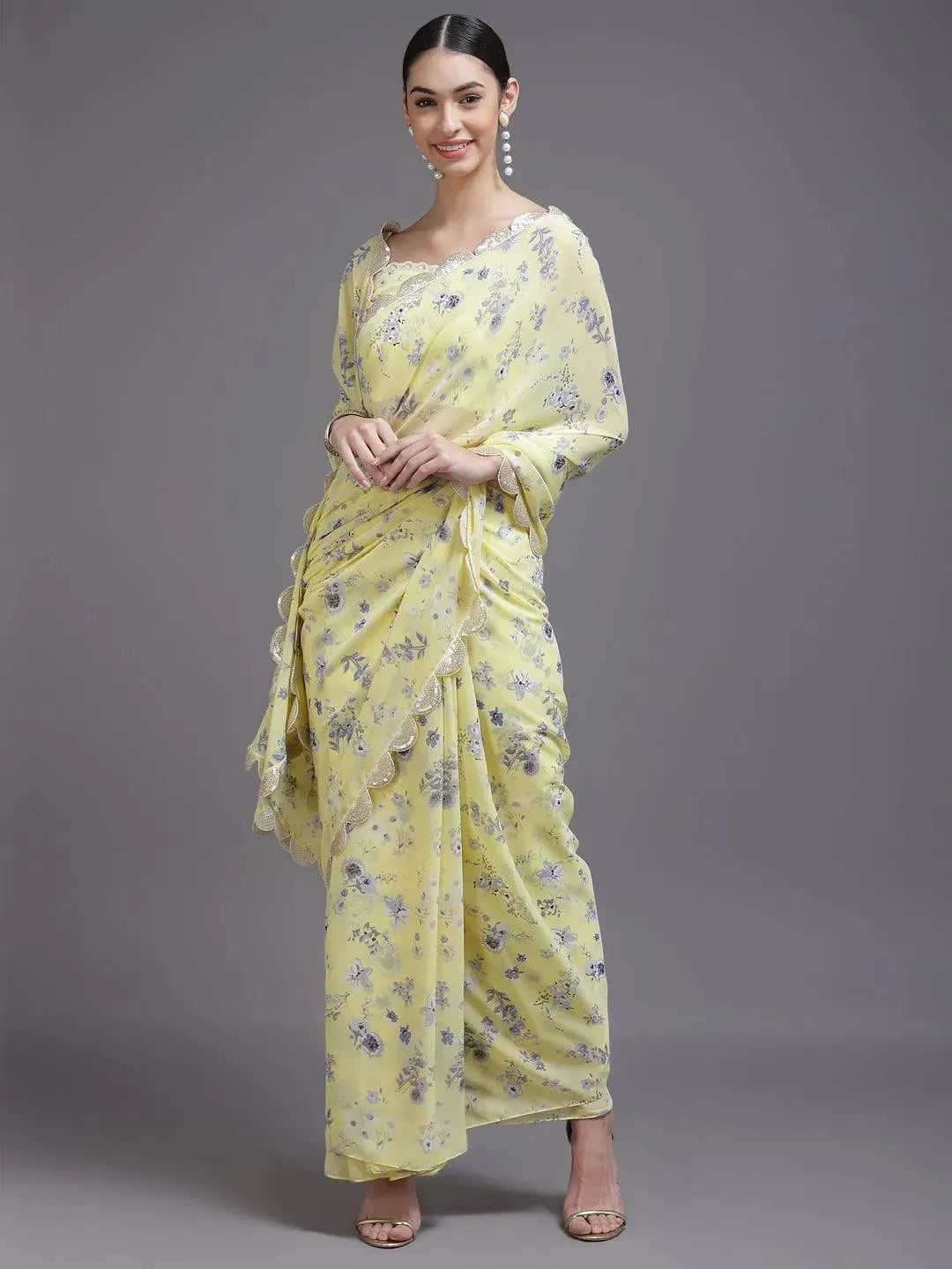 Yellow Printed Georgette Saree - Libas