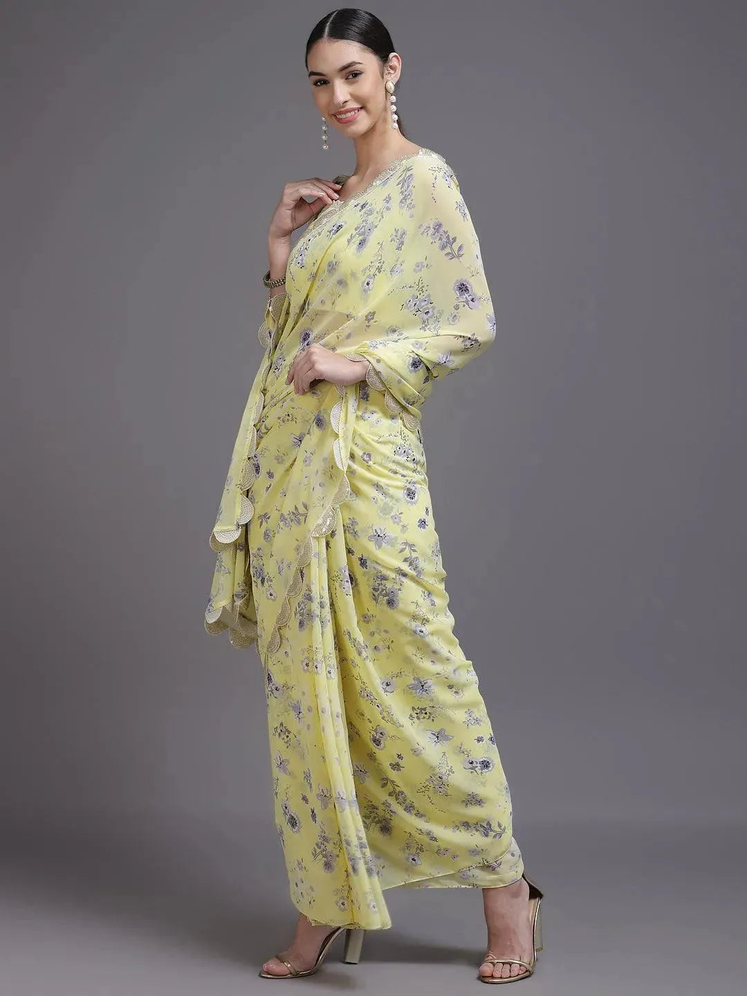 Yellow Printed Georgette Saree - Libas